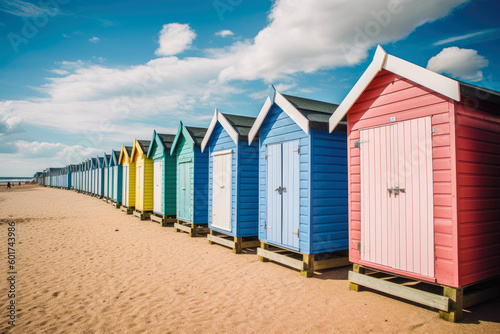 A row of colorful beach huts with a blue sky in the background © Florian