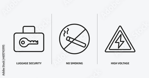 airport terminal outline icons set. airport terminal icons such as luggage security, no smoking, high voltage vector. can be used web and mobile.