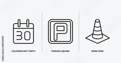 airport terminal outline icons set. airport terminal icons such as calendar day thirty, parking square, road cone vector. can be used web and mobile.
