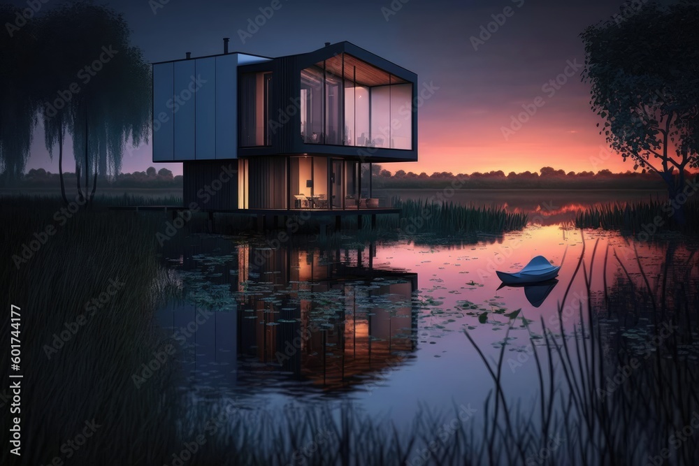 Fototapeta premium Modern house on a lake at sunset