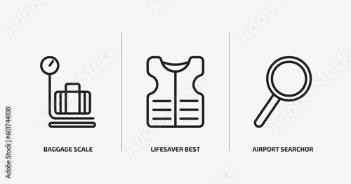 airport terminal outline icons set. airport terminal icons such as baggage scale  lifesaver best  airport searchor vector. can be used web and mobile.