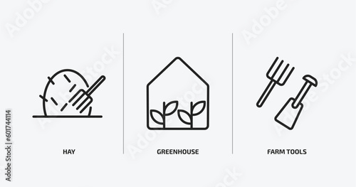 agriculture farming outline icons set. agriculture farming icons such as hay, greenhouse, farm tools vector. can be used web and mobile.