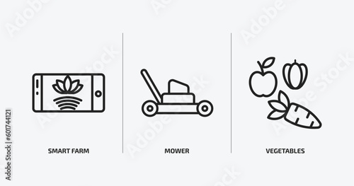 agriculture farming outline icons set. agriculture farming icons such as smart farm  mower  vegetables vector. can be used web and mobile.