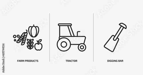 agriculture farming outline icons set. agriculture farming icons such as farm products, tractor, digging bar vector. can be used web and mobile.