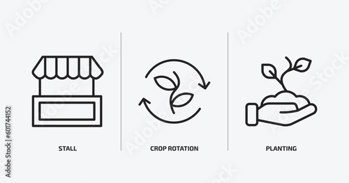 agriculture farming outline icons set. agriculture farming icons such as stall, crop rotation, planting vector. can be used web and mobile.