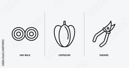 agriculture farming outline icons set. agriculture farming icons such as hay bale, capsicum, shears vector. can be used web and mobile.