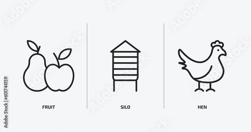 agriculture farming outline icons set. agriculture farming icons such as fruit, silo, hen vector. can be used web and mobile.