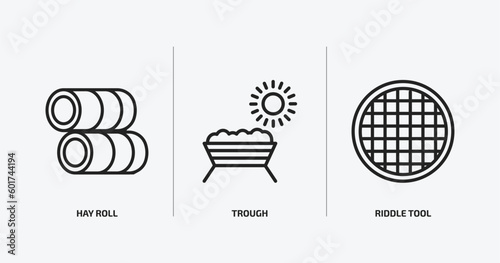 agriculture farming outline icons set. agriculture farming icons such as hay roll, trough, riddle tool vector. can be used web and mobile.