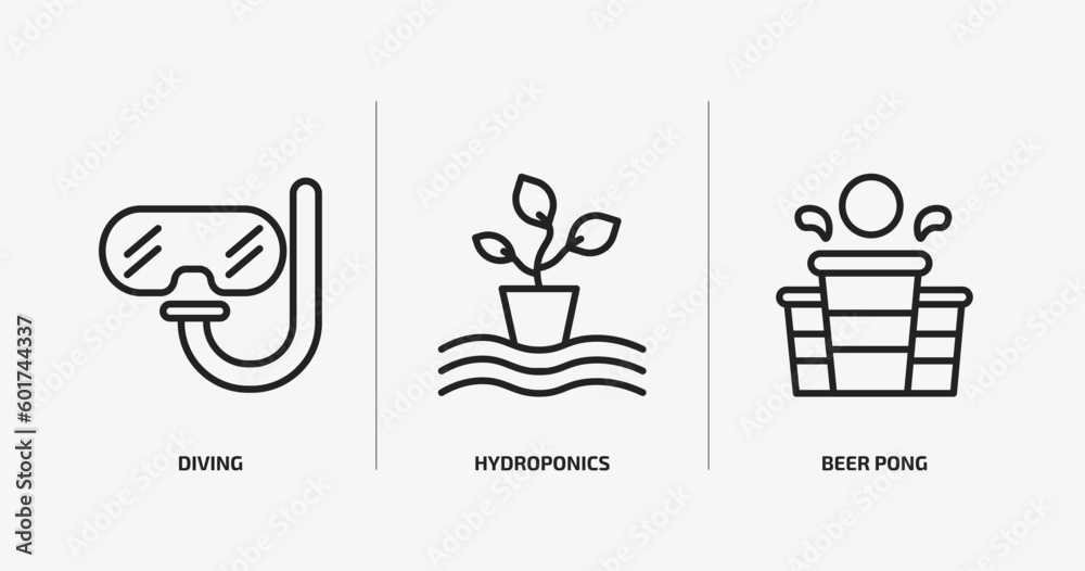 activity and hobbies outline icons set. activity and hobbies icons such as diving, hydroponics, beer pong vector. can be used web and mobile.