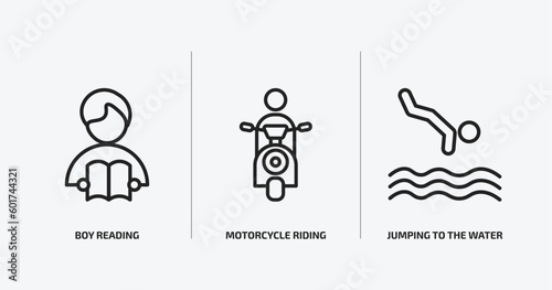 activity and hobbies outline icons set. activity and hobbies icons such as boy reading, motorcycle riding, jumping to the water vector. can be used web and mobile.