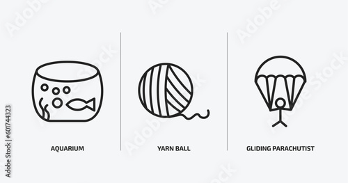 activity and hobbies outline icons set. activity and hobbies icons such as aquarium, yarn ball, gliding parachutist vector. can be used web and mobile.