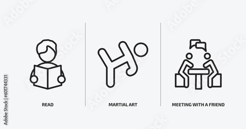 activity and hobbies outline icons set. activity and hobbies icons such as read, martial art, meeting with a friend vector. can be used web and mobile. photo