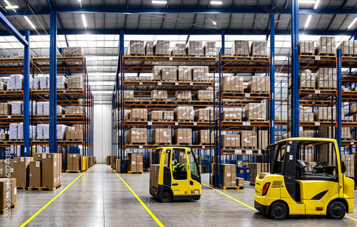 Forklift-truck loading packed goods in huge distribution warehouse with high shelves. warehouse space. warehouse interior with shelves, pallets and boxes. Interior of modern warehouse. Generative AI