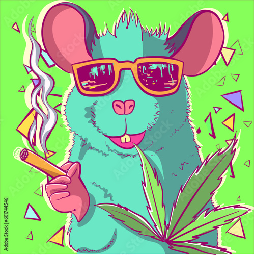 Stoner rat with a pair of sunglasses and a joint in his hand. Smoking mouse mascot with cannabis leaves being high.
