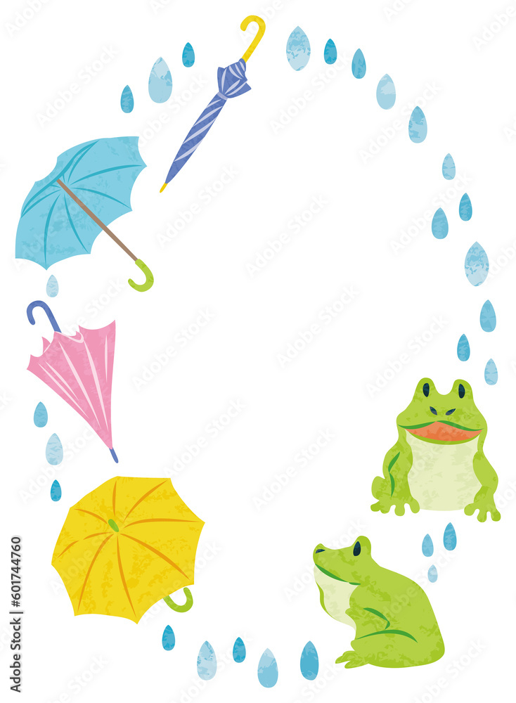  6月　梅雨　カエルと傘　イラストフレーム