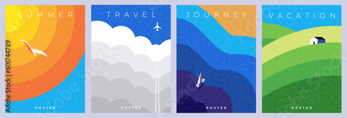 Fototapeta Abstract minimal summer poster, cover, card set with nature landscape, sun, plane in the clouds, yacht in the sea, fields and typography design. Summer holidays, journey, vacation travel illustrations