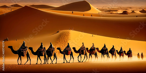 A desert scene with a camel caravan. Generative AI . photo