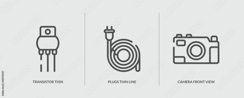 set of 3 outline icons in technology concept. thin line icons including ...