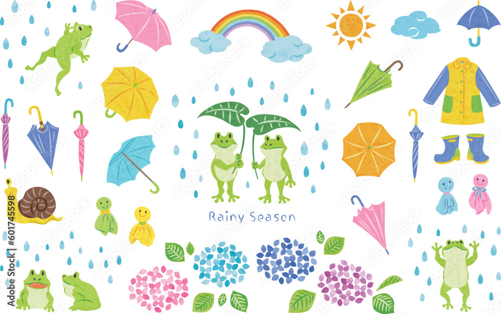 6月 梅雨 カエルや紫陽花などのイラスト素材セット 6月 梅雨 カエルや紫陽花などのイラスト素材セット