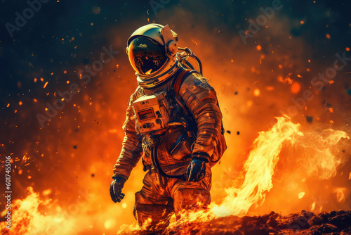 Astronaut burning on a planet