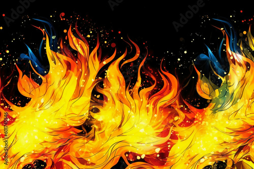 Drawn neon color yellow, Burning flame background material abstract hand AI generative