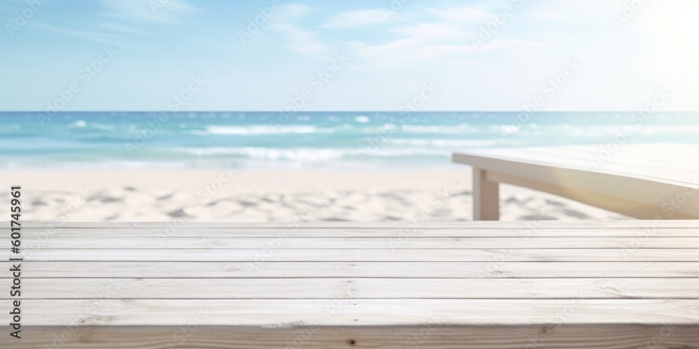 Empty plank white wood table top with blur blue sky and sea bokeh background. Generative AI. Empty plank white wood table top with blur blue sky and sea bokeh background. Generative AI.
