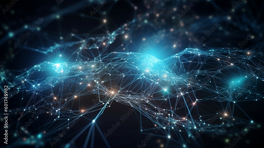 A blue and black background with a network of lines and dots for artificial intelligence or internet. Created with Generative AI tools. A blue and black background with a network of lines and dots for artificial intelligence or internet. Created with Generative AI tools.