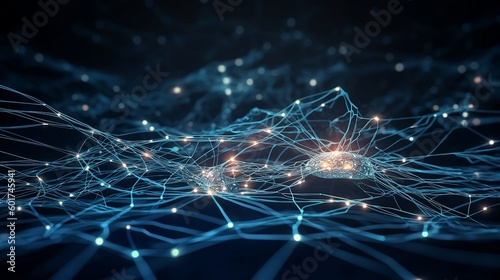 A blue background with a network of lines and dots for artificial intelligence or internet. Created with Generative AI tools.