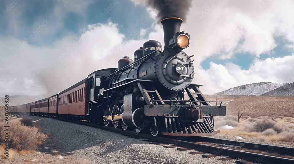 Obraz premium Illustration of a steam train chugging along the track in the American west. Generative AI.