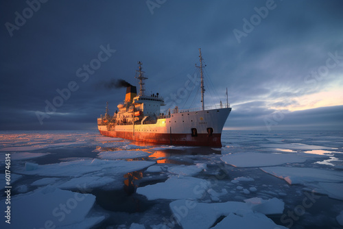 Arctic research vessel sailing in ice seas. Generative AI.  © Jeff Whyte