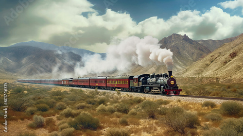 Illustration of a steam train chugging along the track in the American west. Generative AI. 