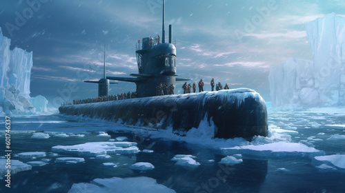 Illustration of a nuclear powered submarine in the arctic. Generative AI. 