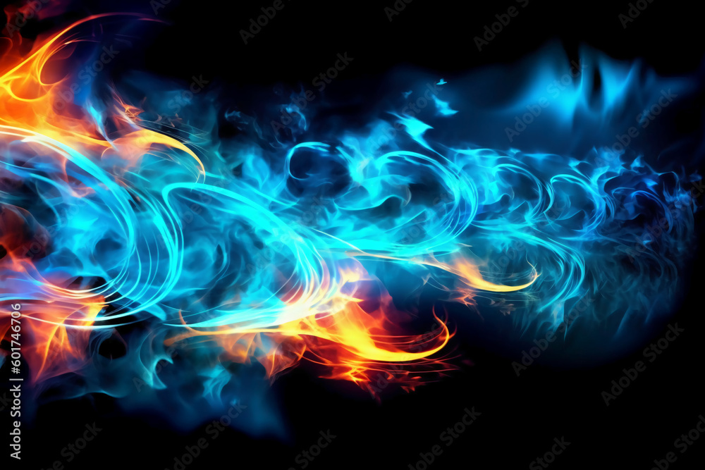 Drawn neon color blue, Burning flame background material abstract hand. AI generative