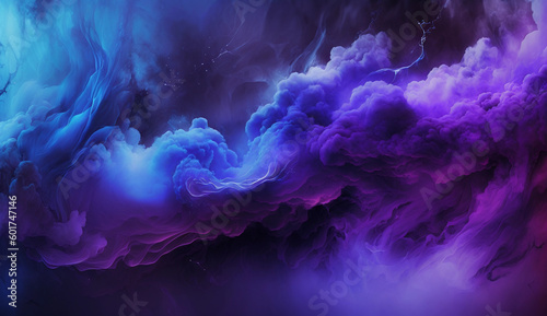 abstract art background with free space, Mist texture. Color smoke. Paint water mix. Mysterious storm sky. Blue purple glowing fog cloud wave, Generative AI.