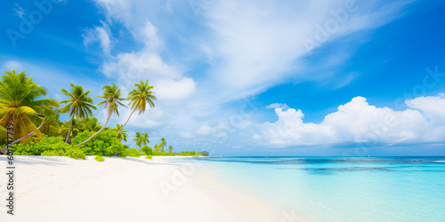 A dreamy view of Maldives island's tropical beach, with its crystal-clear turquoise waters, white sand, and palm trees creating a paradise-like setting. Generative Ai
