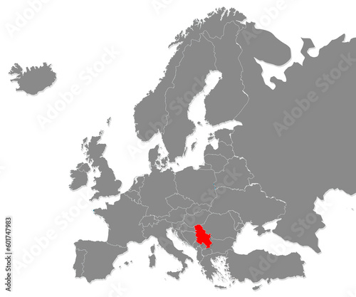 Map of Serbia highligted with red in Europe map