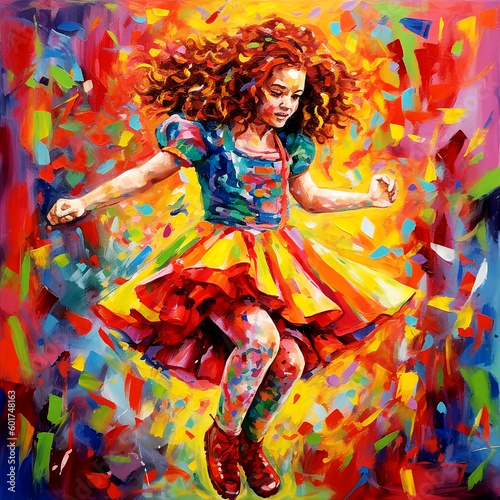 Painting of a young girl jumping with joy