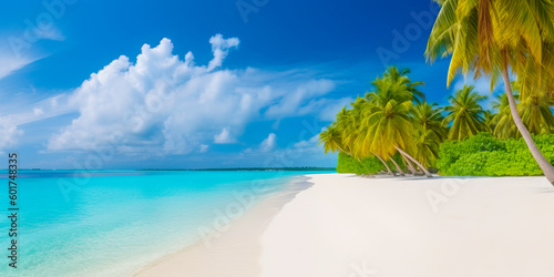 A stunning scene of Maldives island's tropical beach, featuring its white sand, palm trees, and turquoise ocean waters under a bright blue sky with fluffy clouds. Generative Ai