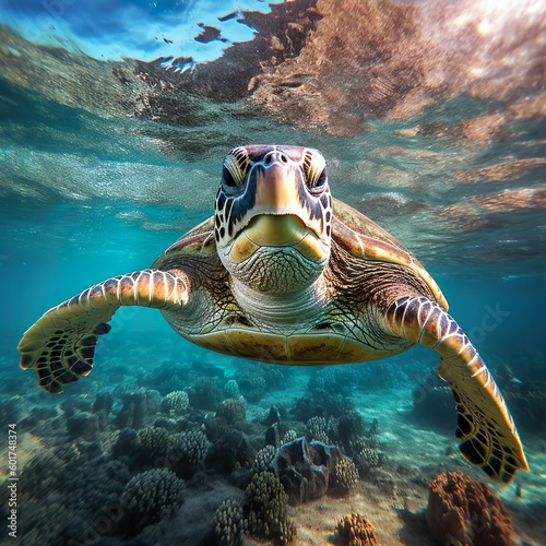 Turtle underwater, swimming in the blue ocean with a beautiful landscape