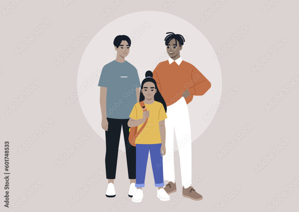 A full length multiracial family portrait, a gay couple and their daughter
