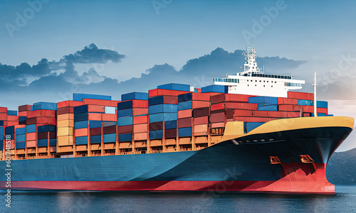 Logistics import export of containers cargo freight ship, port cargo shipping dock yard background, transportation industry concept. Generative AI