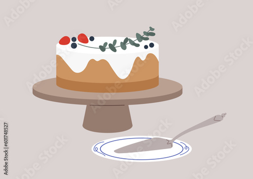 A still life vector, a cake decorated with berries and plant leaves on a stand, a spatula and a porcelain plate