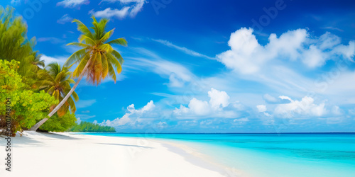 An idyllic scene of a tropical paradise on Maldives island  with its pristine white sand beach  turquoise ocean waters  and palm trees creating a perfect holiday destination. Generative Ai