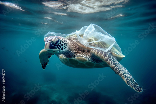 Turtle's back covered with plastic bag. Plastic pollution in ocean environmental problem, poisoning the waters of sea. Global Protection problem. Marine environment pollution. Generative AI Technology © Valeriia