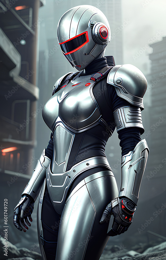 Future female soldier in cybernetic metal full body armor, superhero fantastic and futuristic background. Generative Ai. Future female soldier in cybernetic metal full body armor, superhero fantastic and futuristic background. Generative Ai.