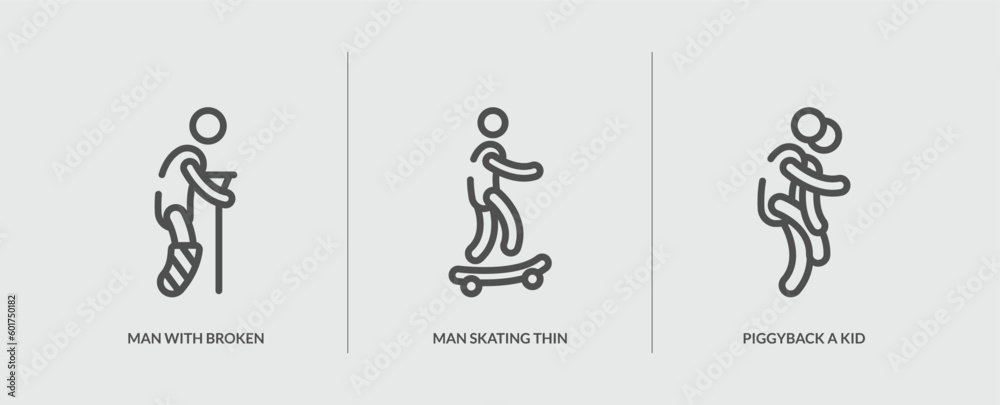 set of 3 outline icons in behavior concept. thin line icons including man with broken leg thin line, man skating thin line, piggyback a kid vector. can be used web and mobile. - obrazy, fototapety, plakaty 