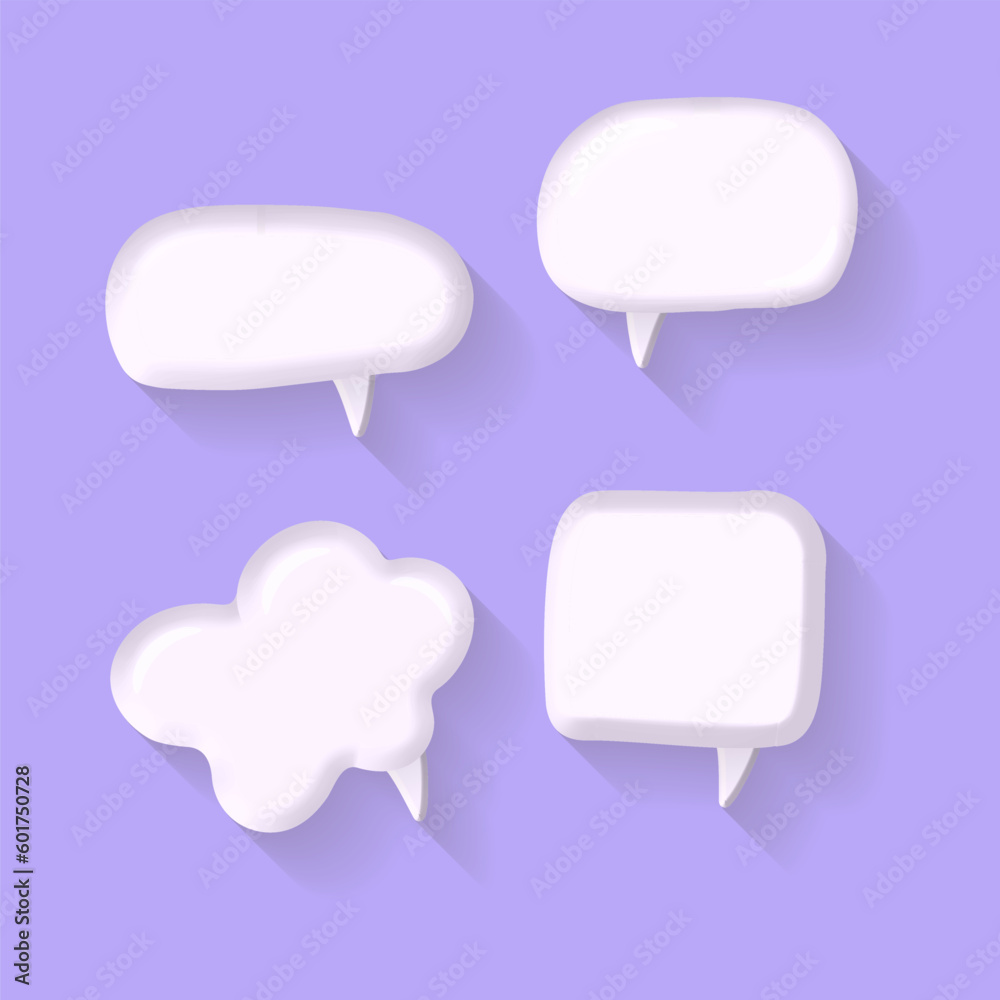 Set of 3D cute white square speech bubble icons isolated on violet pastel background. 3D Render Chat icon collection. Vector illustration. Set of 3D cute white square speech bubble icons isolated on violet pastel background. 3D Render Chat icon collection. Vector illustration.