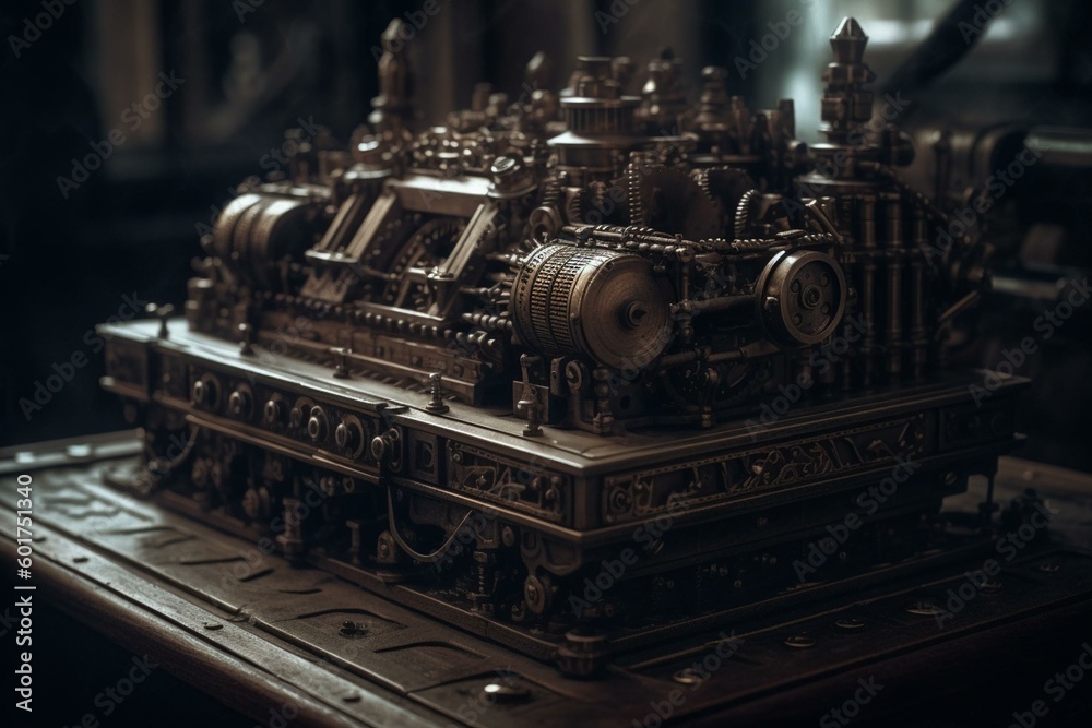 Industrial-style mechanism inspired by the aesthetics of the Victorian Era. Generative AI