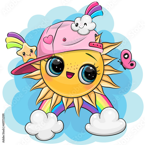 Cartoon Sun in a pink cap