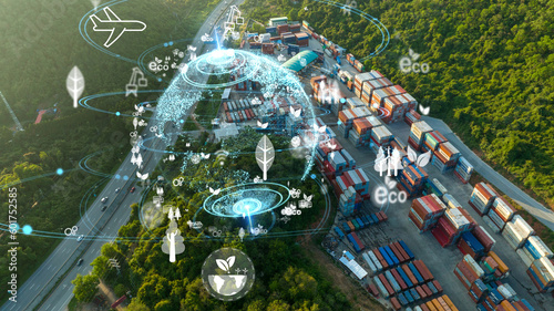 Icon representing the ecological green transportation. Cargo Container yard next the road and surrounded by mountains , forklift truck and cargo at depot working shipping green logistics
